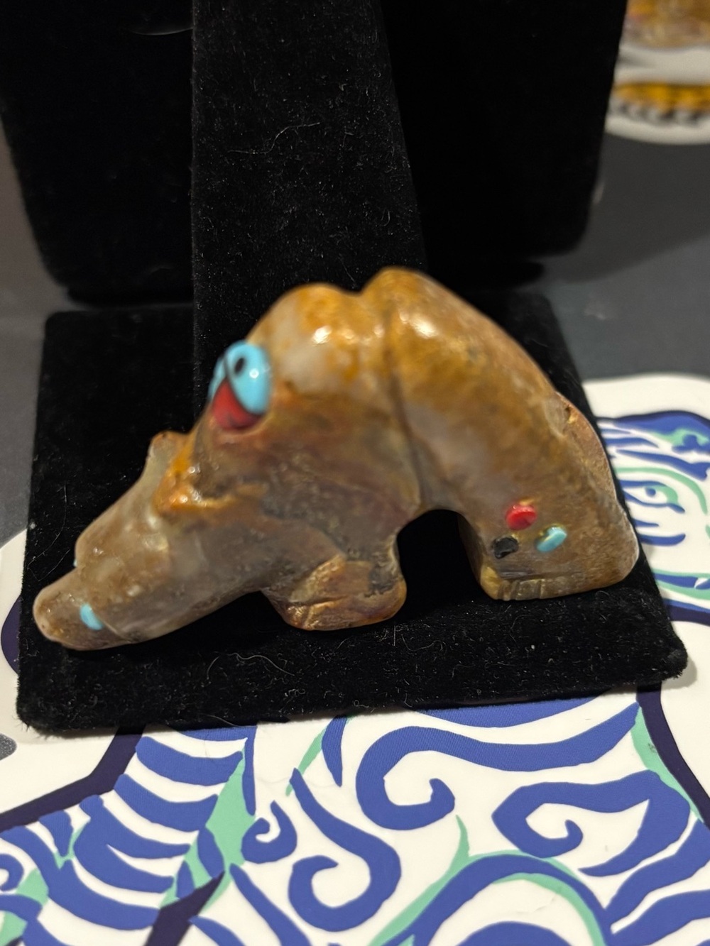 Native American Handcrafted Brown Stone Animal Fetish with Turquoise Accents